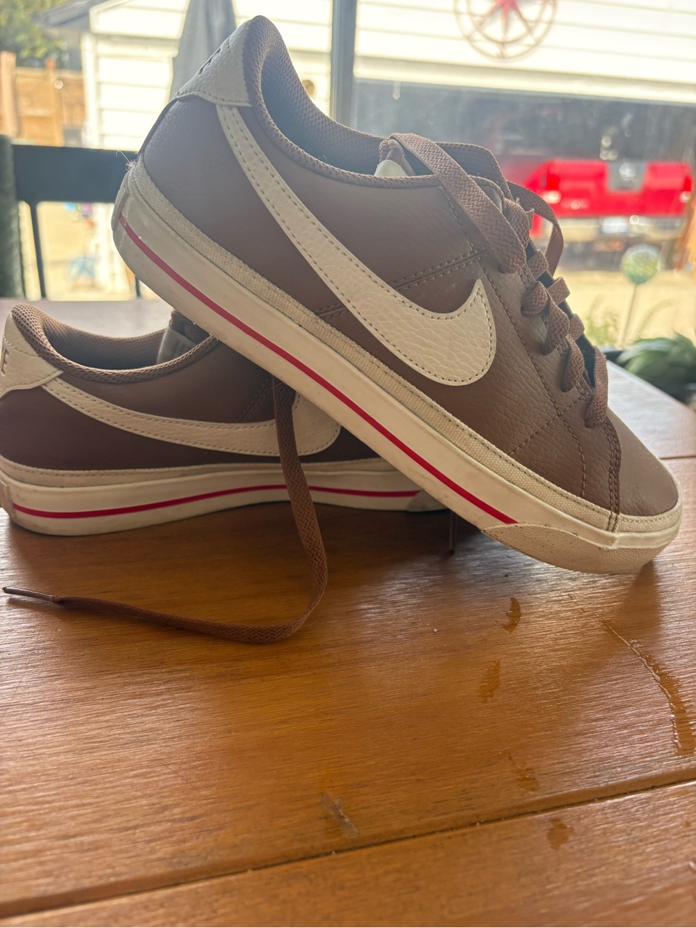 Nike Men’s Brown Sneakers with White Swoosh and Red Stripe